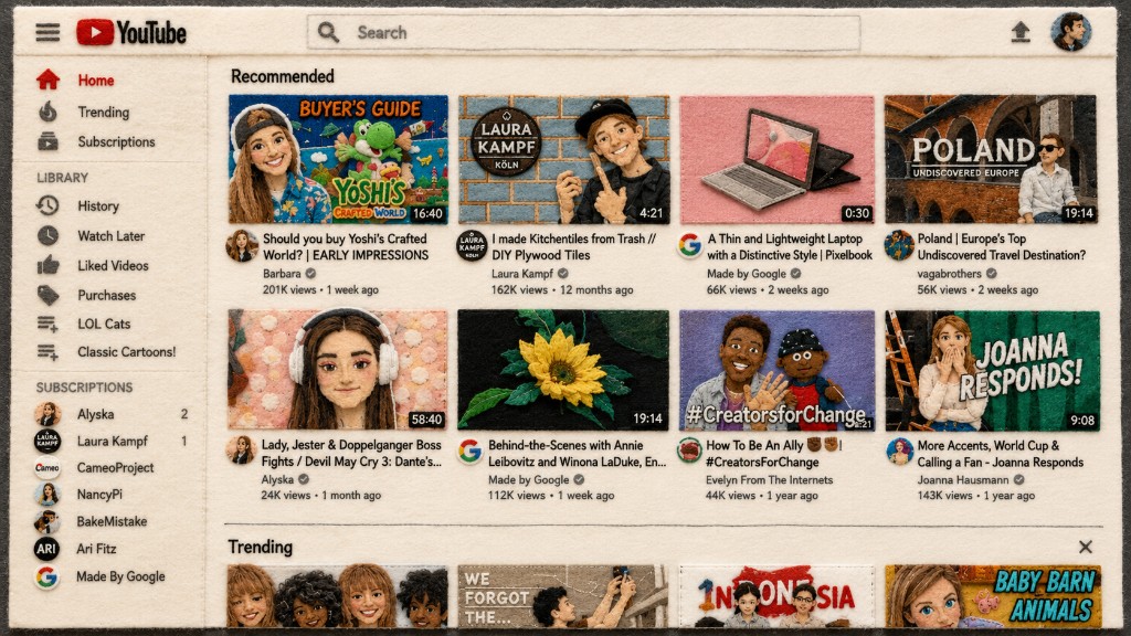 A felt recreation of the YouTube homepage interface